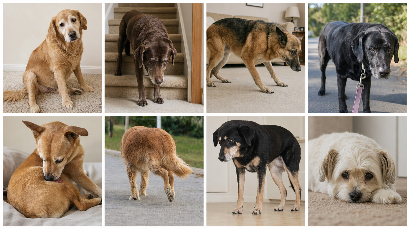 Grid of senior dogs showing common joint pain warning signs