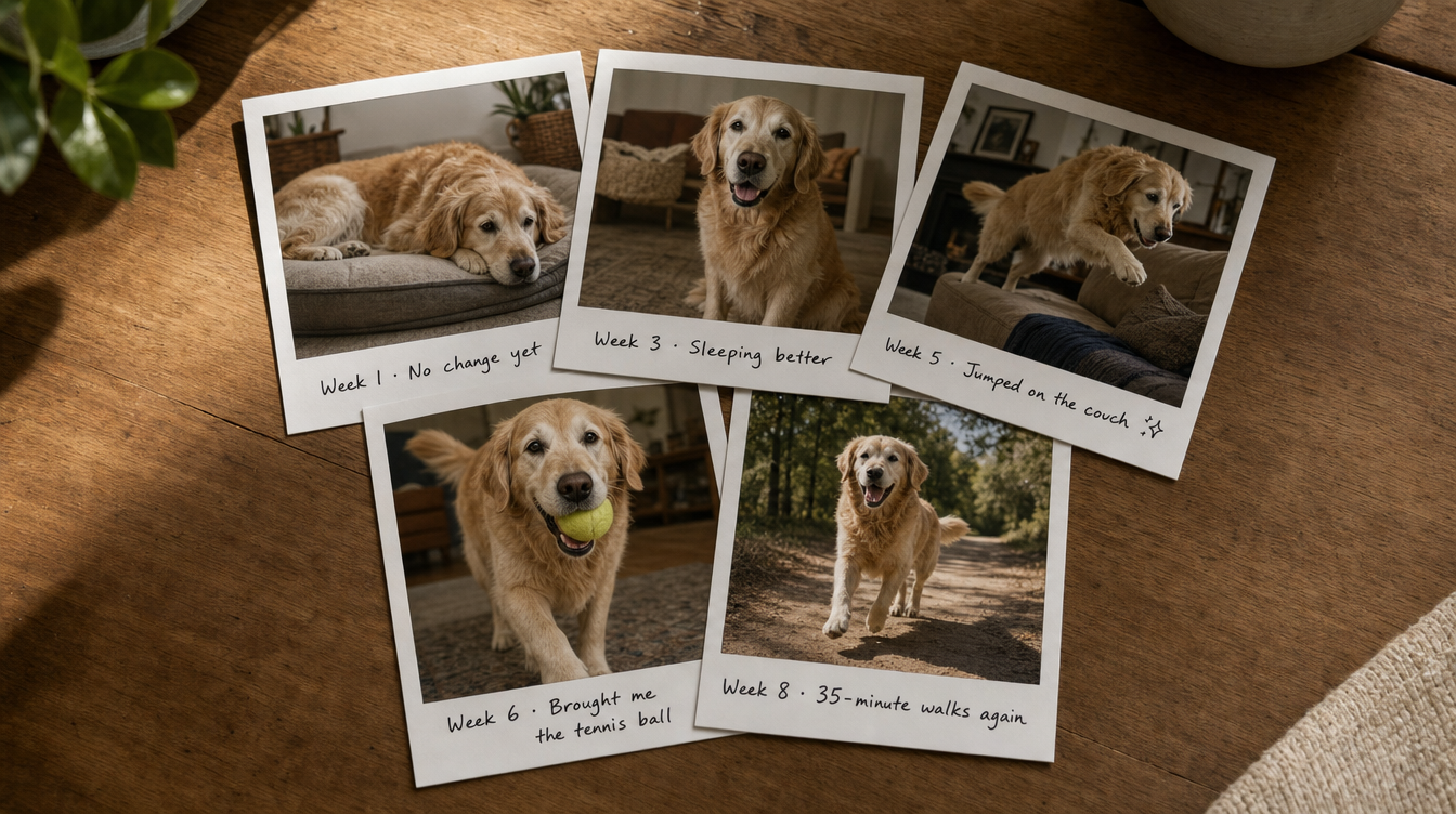 Bella's 8-week transformation polaroids showing week-by-week improvement