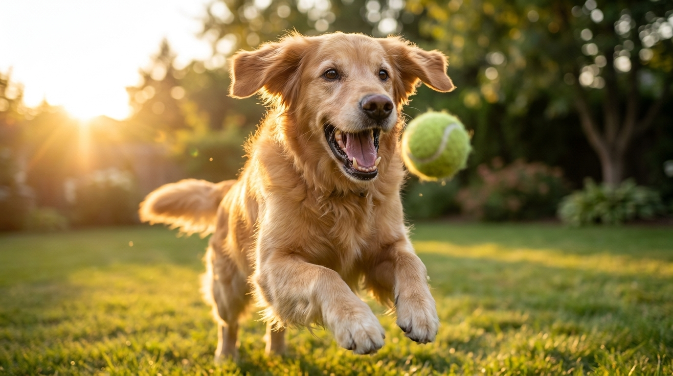 Happy golden dog running toward a tennis ball in warm evening light