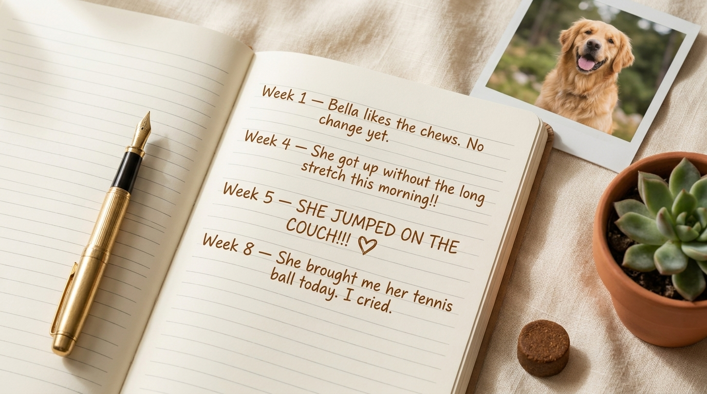 Bella's progress journal flat-lay